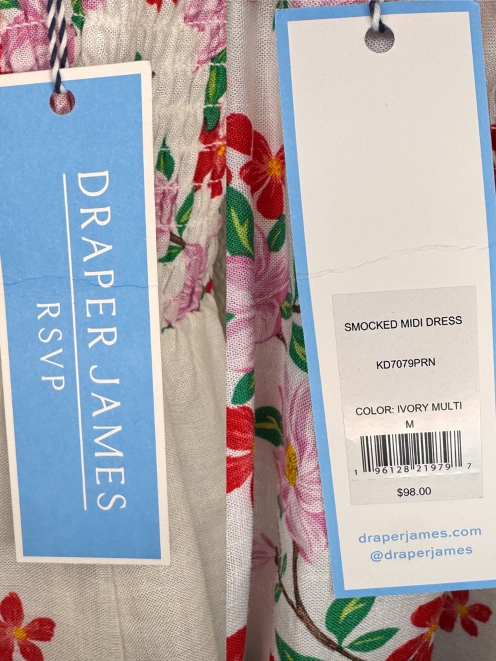 Draper James RSVP Smocked Floral Midi Dress Ivory Multi NWT Size M - Picture 3 of 5